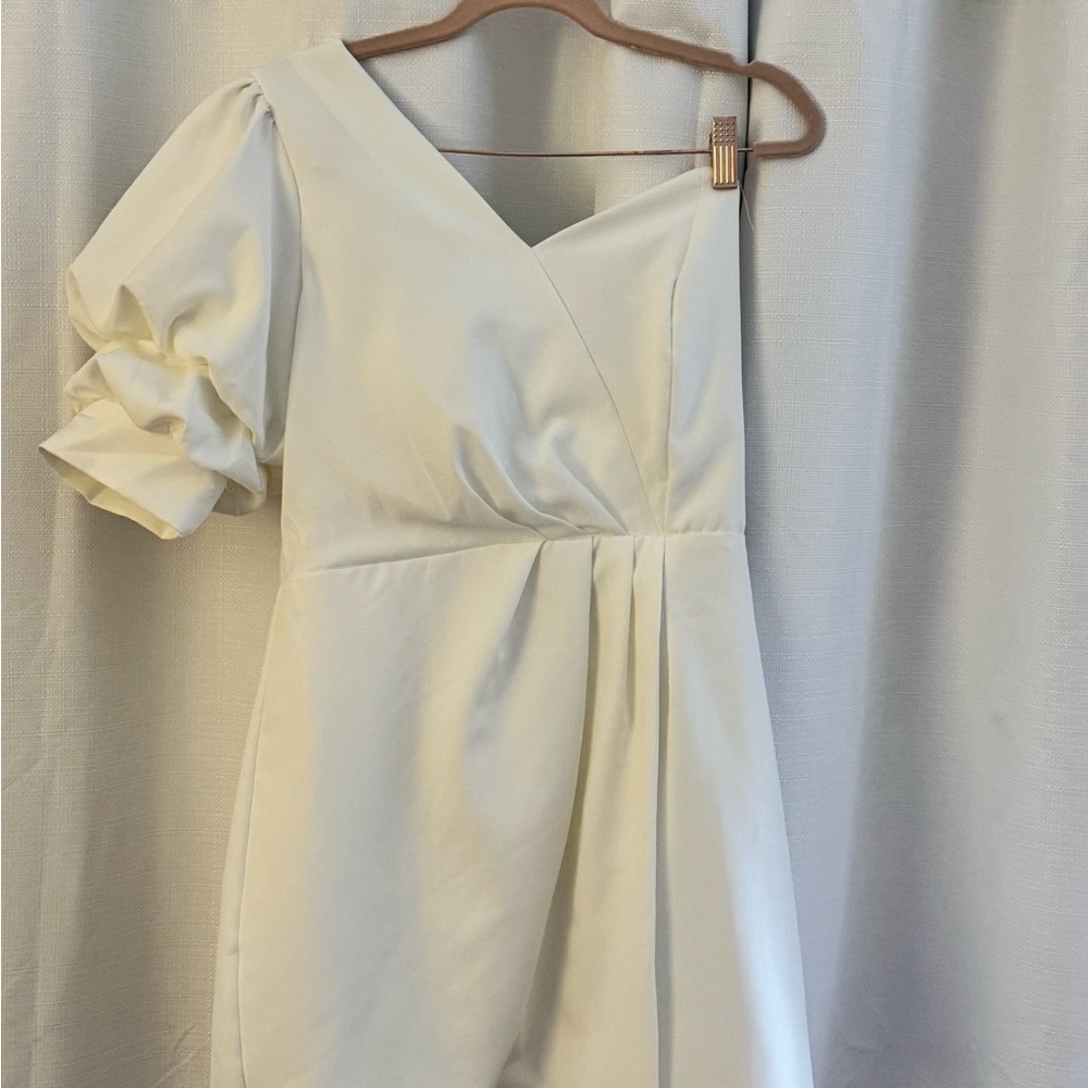 DO+BE Cream Asymmetrical One Shoulder Dress with Puff Sleeve